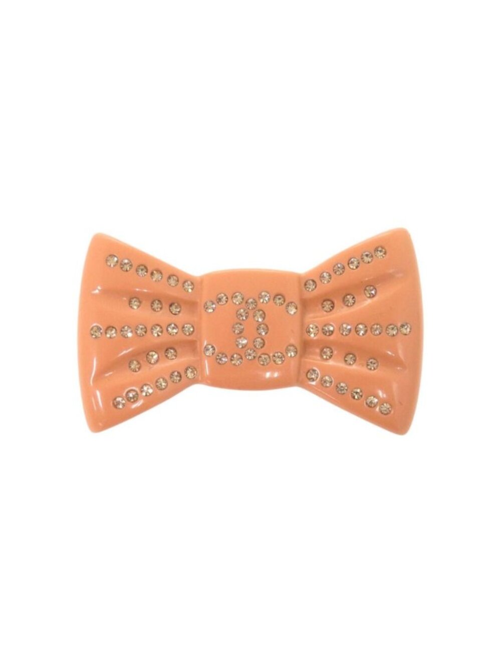 Chanel CC Logo Ribbon Motif Plastic Rhinestone Metal Salmon Pink Brooch